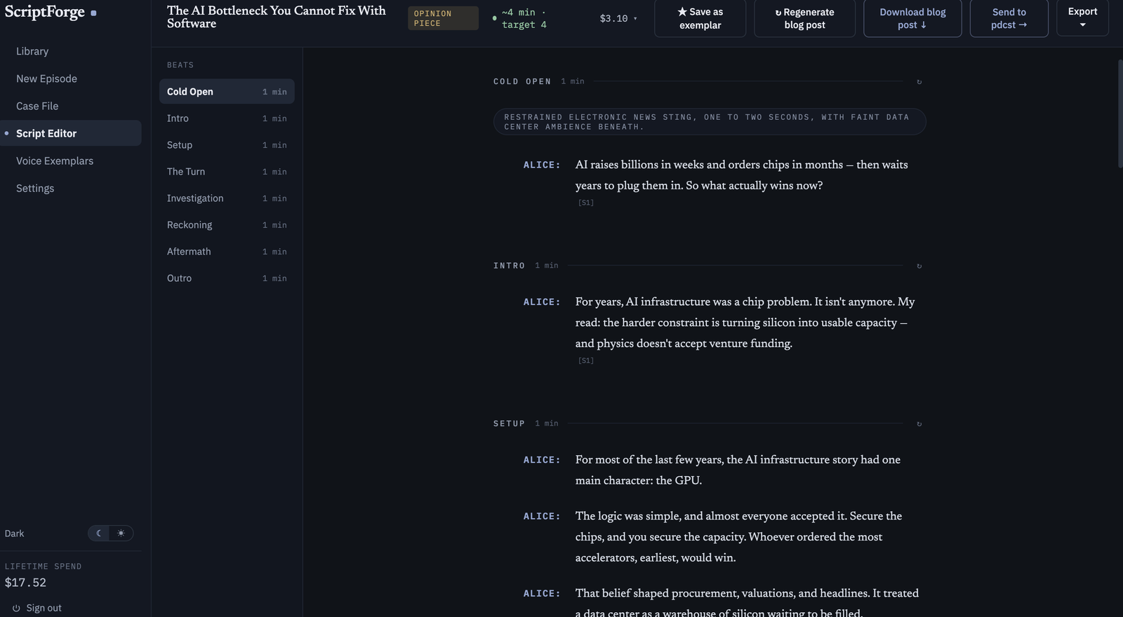 ScriptForge editor showing the structured beat outline and script for The AI Bottleneck You Cannot Fix With Software