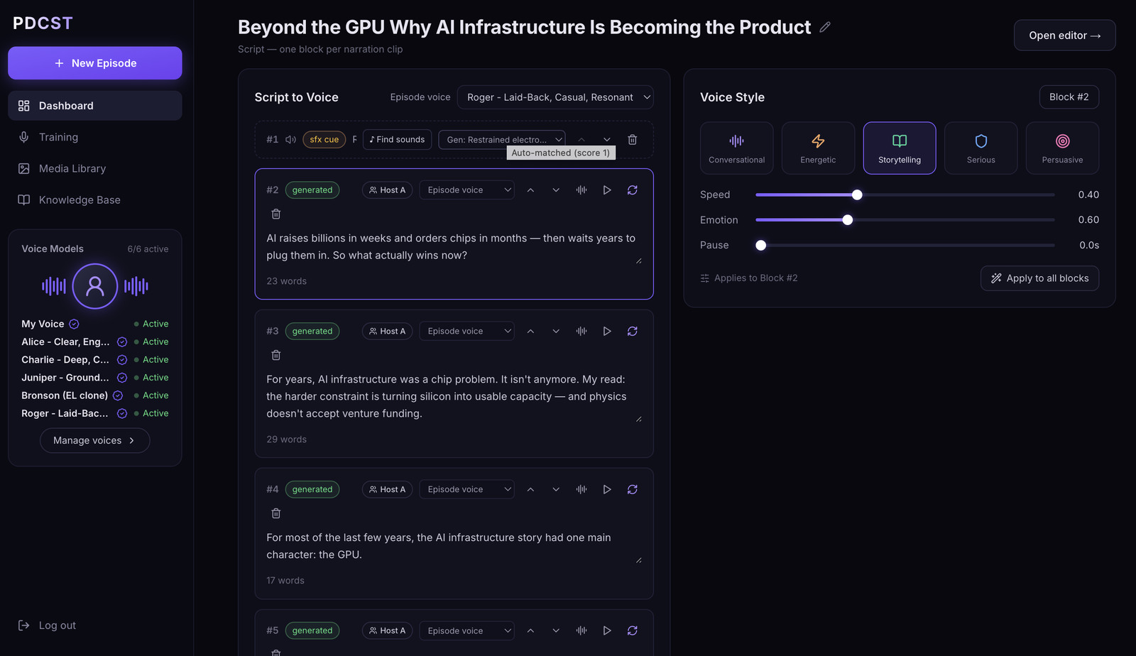 pdcst Script to Voice view with narration blocks, voice models and per-block voice style controls