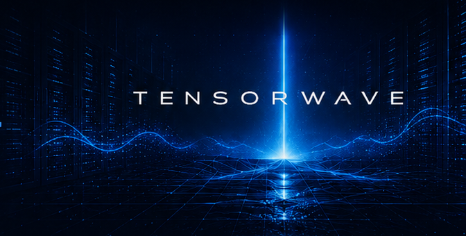 TensorWave: a luminous blue beam rising from a wireframe data-center landscape